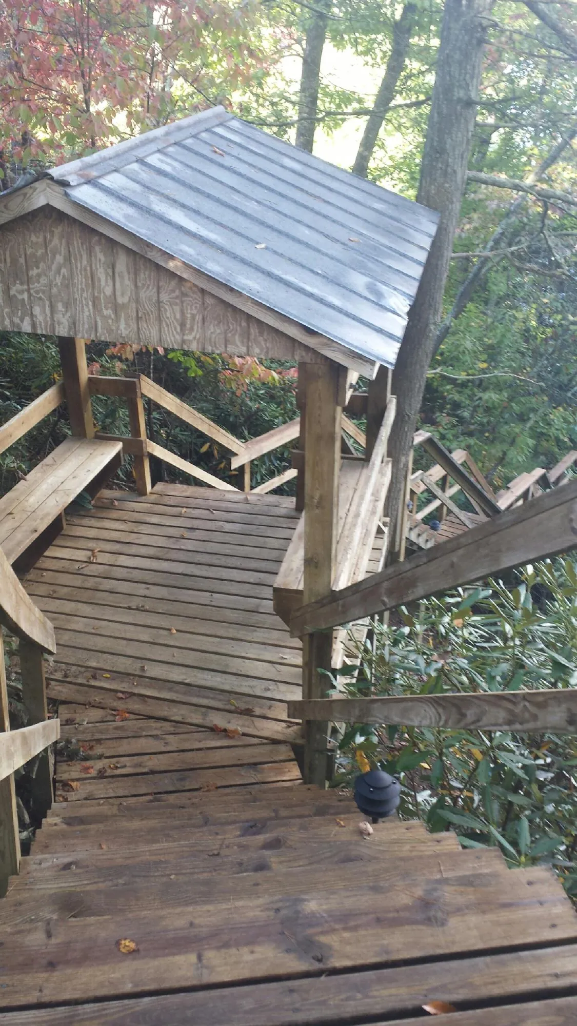 Metal roofed shelter over wooden steps on a wooded walkway — Skylight Repair & Installation work by our crew in East Spencer